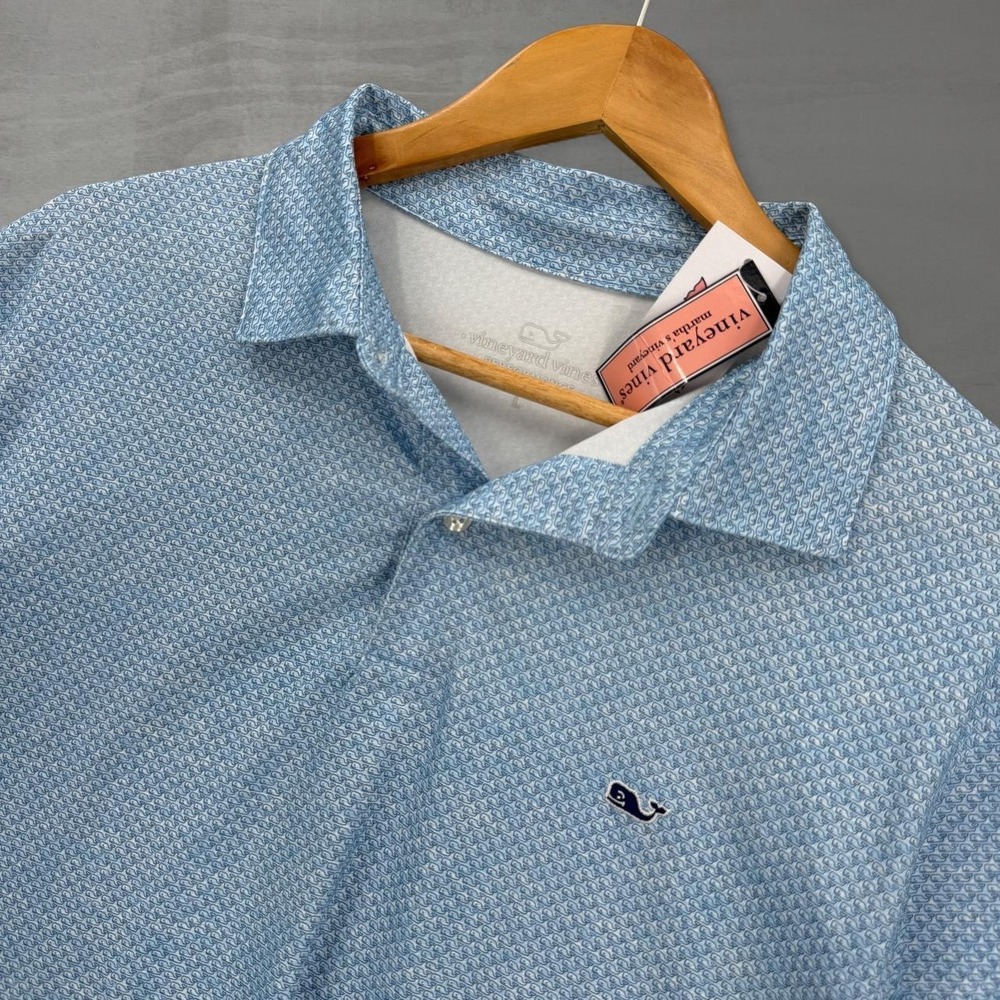 NEW Vineyard Vines Performance Polo Light Blue Micro All Over Whale Print Large